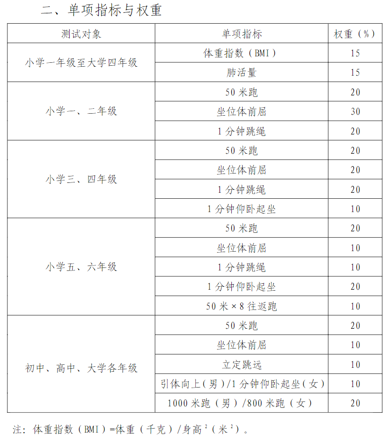 单项指标与权重